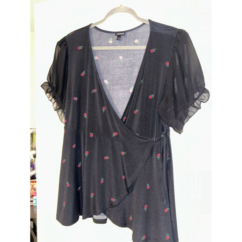 Women Torrid Studio Knit Chiffon Puff Sleeve Surplice Top Black Sz 1